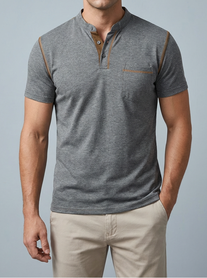Men's Henley Shirt - Short Sleeve Band Collar Chest Pocket Top
