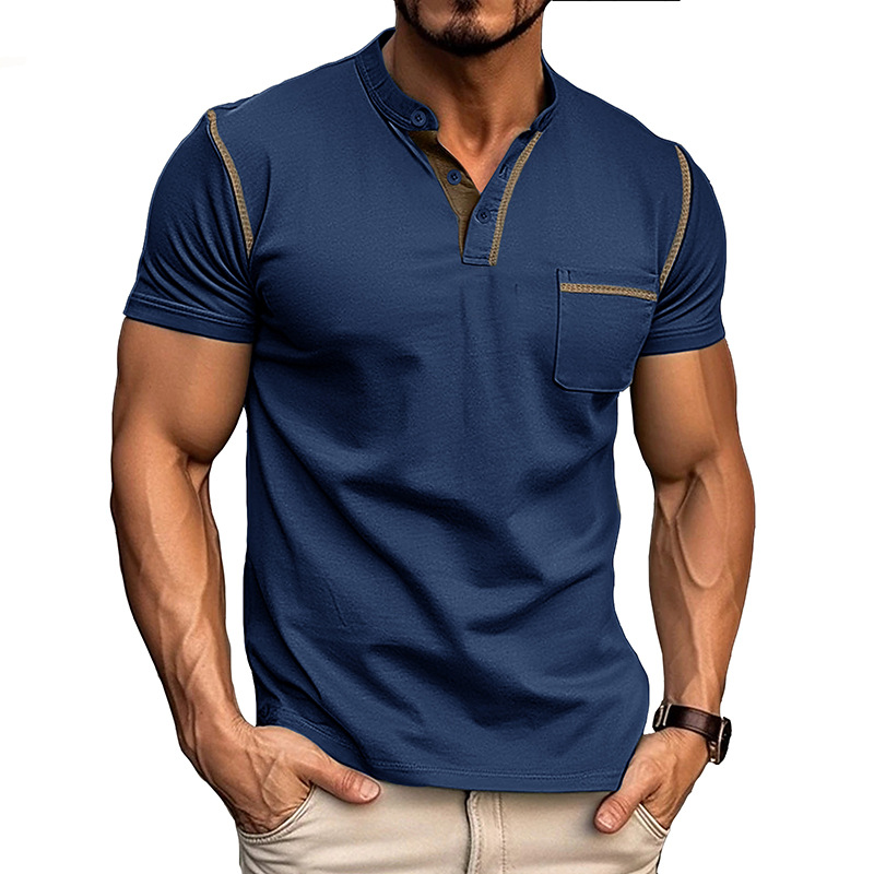 Men's Henley Shirt - Short Sleeve Band Collar Chest Pocket Top