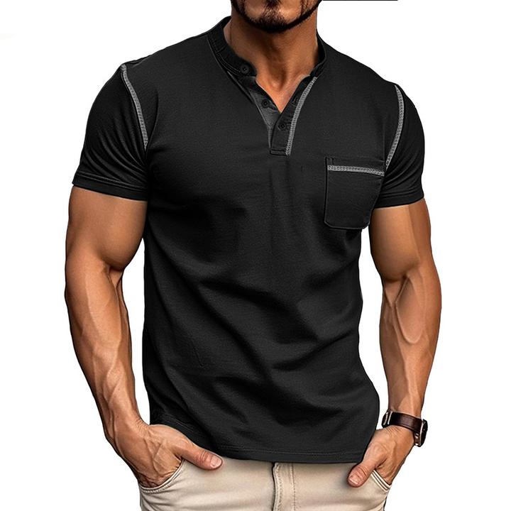 Men's Henley Shirt - Short Sleeve Band Collar Chest Pocket Top