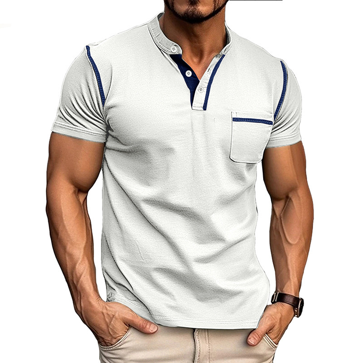 Men's Henley Shirt - Short Sleeve Band Collar Chest Pocket Top
