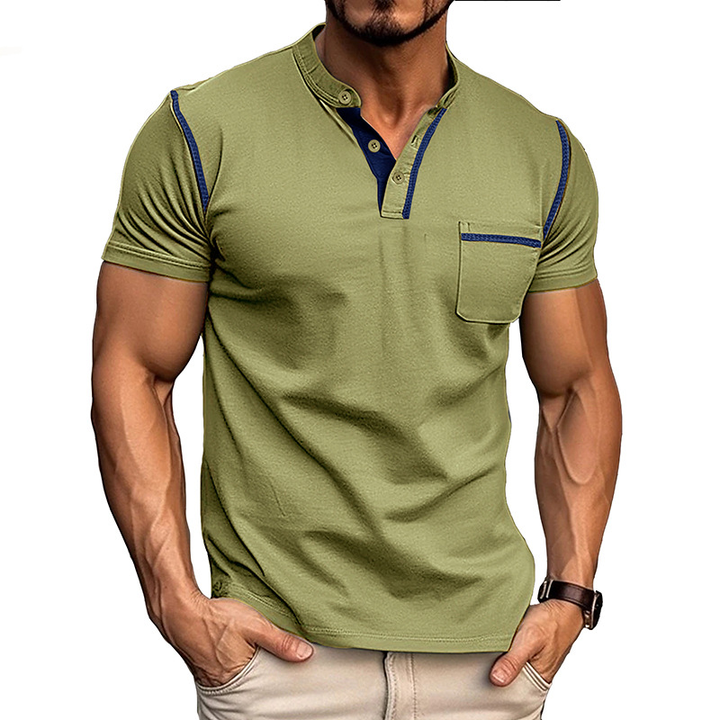 Men's Henley Shirt - Short Sleeve Band Collar Chest Pocket Top