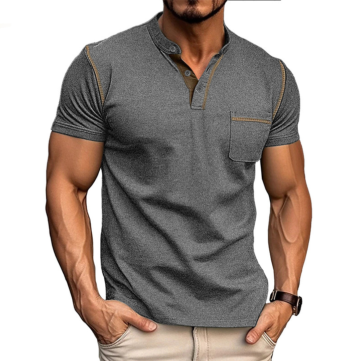 Men's Henley Shirt - Short Sleeve Band Collar Chest Pocket Top