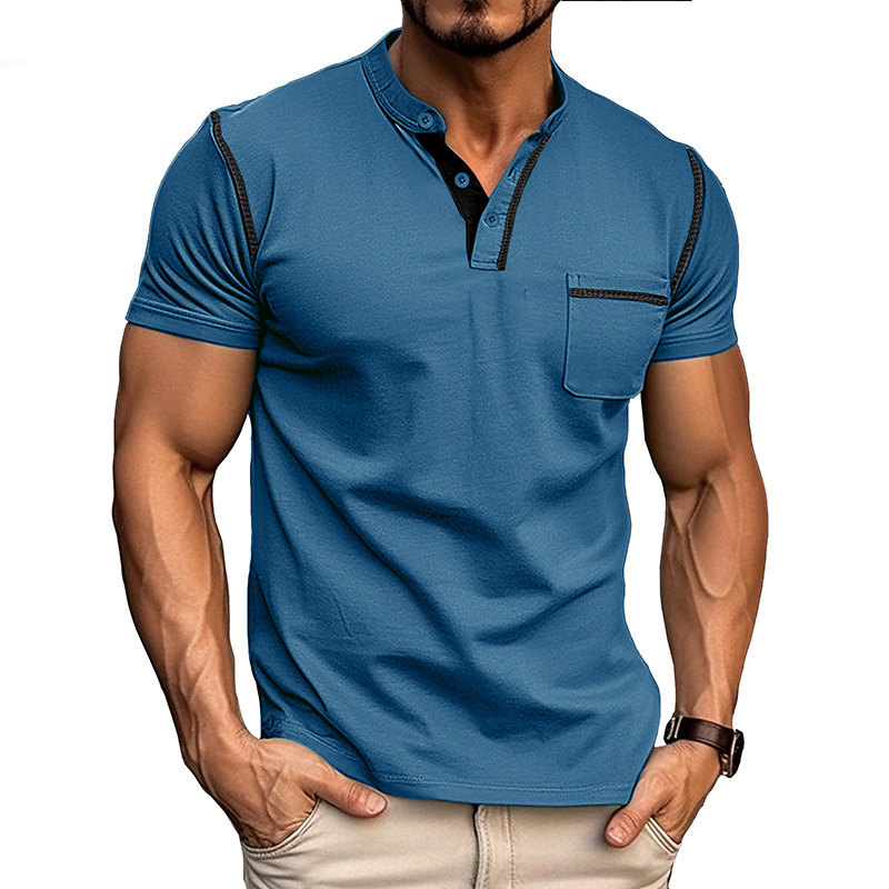 Men's Henley Shirt - Short Sleeve Band Collar Chest Pocket Top