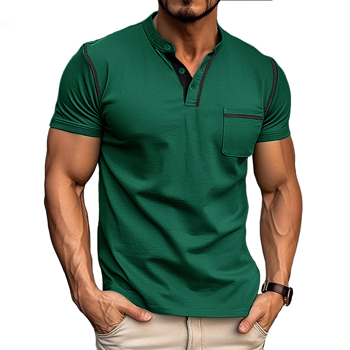 Men's Henley Shirt - Short Sleeve Band Collar Chest Pocket Top