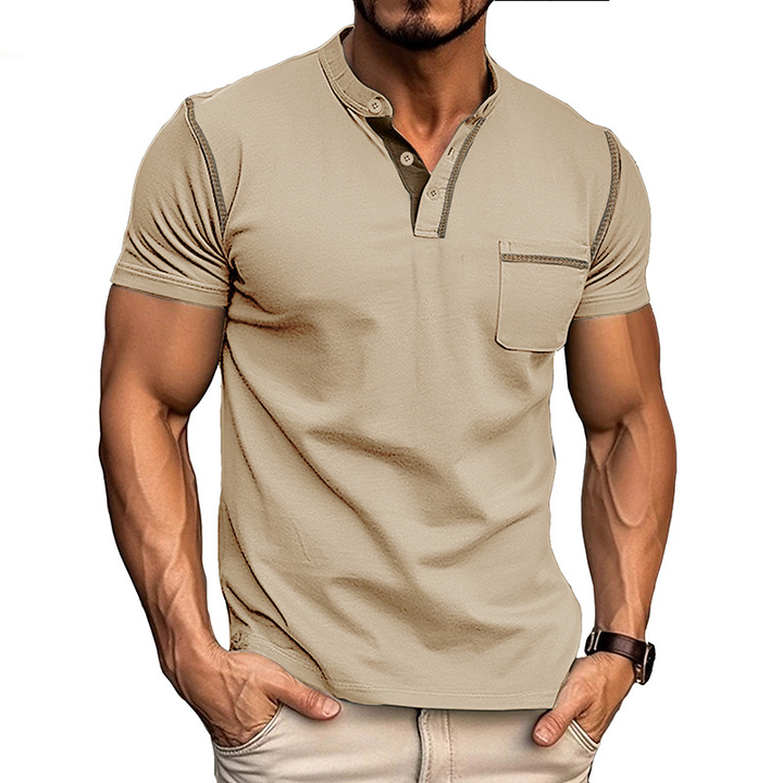 Men's Henley Shirt - Short Sleeve Band Collar Chest Pocket Top