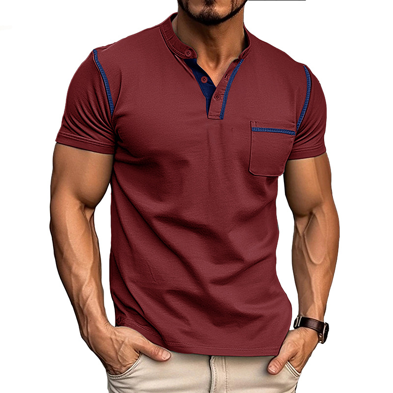 Men's Henley Shirt - Short Sleeve Band Collar Chest Pocket Top