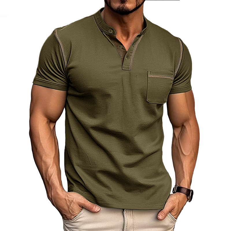 Men's Henley Shirt - Short Sleeve Band Collar Chest Pocket Top