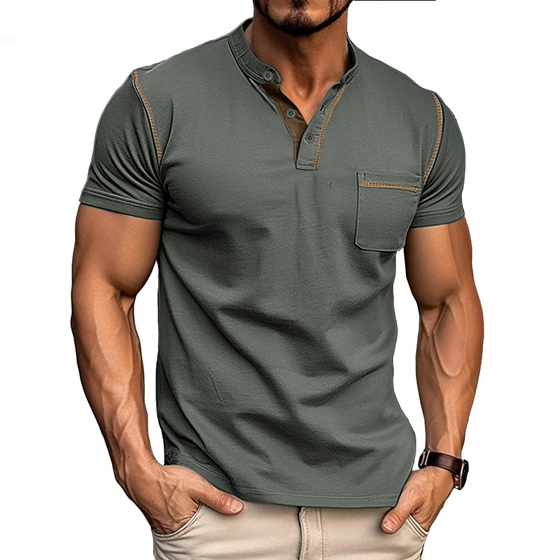 Men's Henley Shirt - Short Sleeve Band Collar Chest Pocket Top