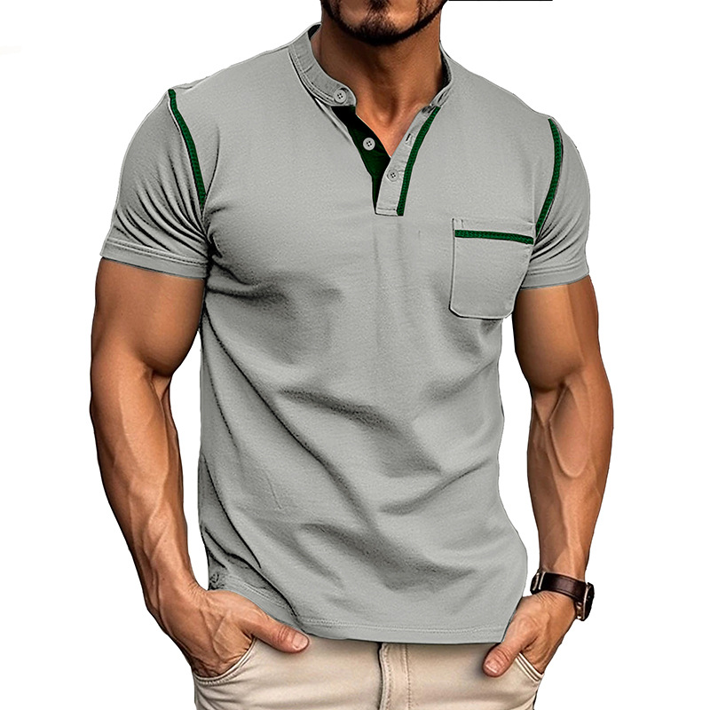 Men's Henley Shirt - Short Sleeve Band Collar Chest Pocket Top