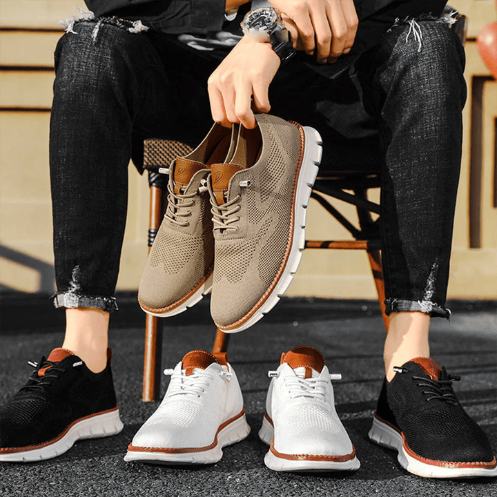 Men's Knit Lace-Up Sneakers - Low Top Contrast Trim Textured Sole
