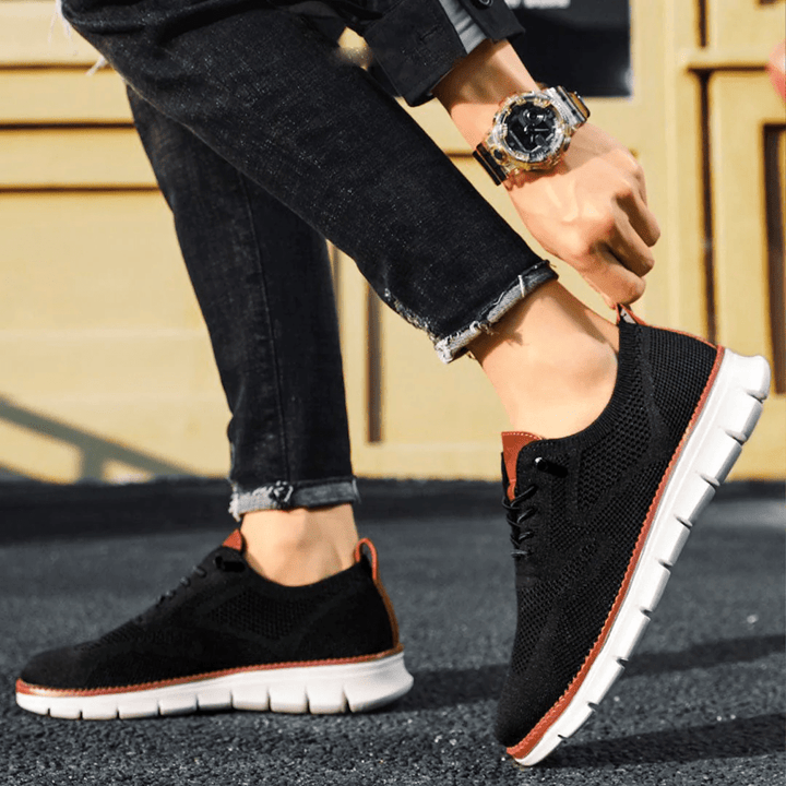 Men's Knit Lace-Up Sneakers - Low Top Contrast Trim Textured Sole