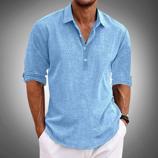 Men's Linen-Look Popover Shirt - Long Sleeve Half Button Placket