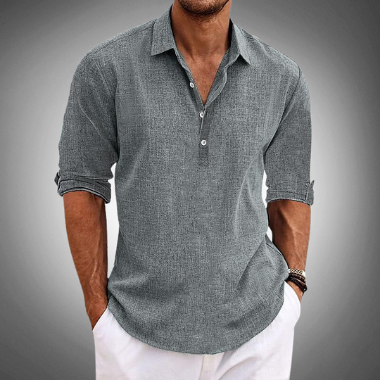 Men's Linen-Look Popover Shirt - Long Sleeve Half Button Placket