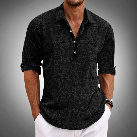 Men's Linen-Look Popover Shirt - Long Sleeve Half Button Placket