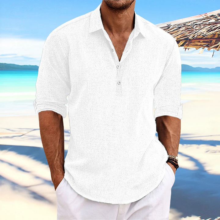Men's Linen-Look Popover Shirt - Long Sleeve Half Button Placket