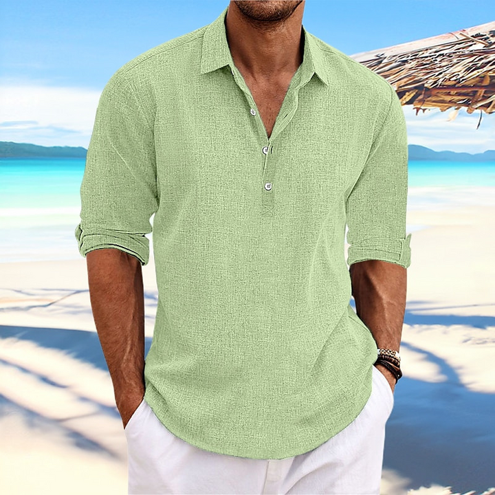 Men's Linen-Look Popover Shirt - Long Sleeve Half Button Placket
