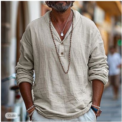 Men's Linen Blend Hooded Shirt - Long Sleeve Henley Placket
