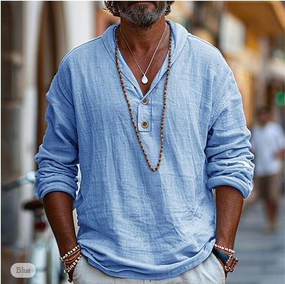 Men's Linen Blend Hooded Shirt - Long Sleeve Henley Placket