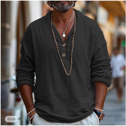Men's Linen Blend Hooded Shirt - Long Sleeve Henley Placket