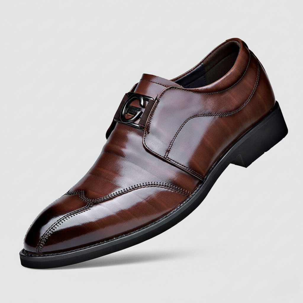 Men's Loafers - Slip On Leather Metal Buckle Cap Toe