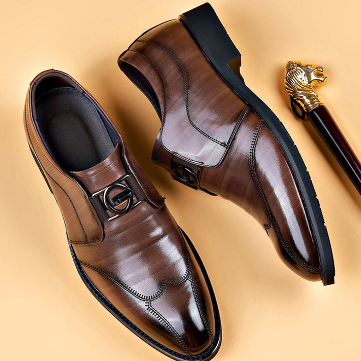 Men's Loafers - Slip On Leather Metal Buckle Cap Toe