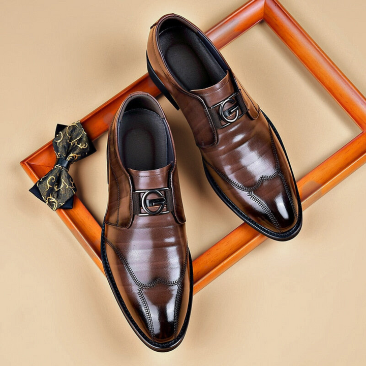 Men's Loafers - Slip On Leather Metal Buckle Cap Toe