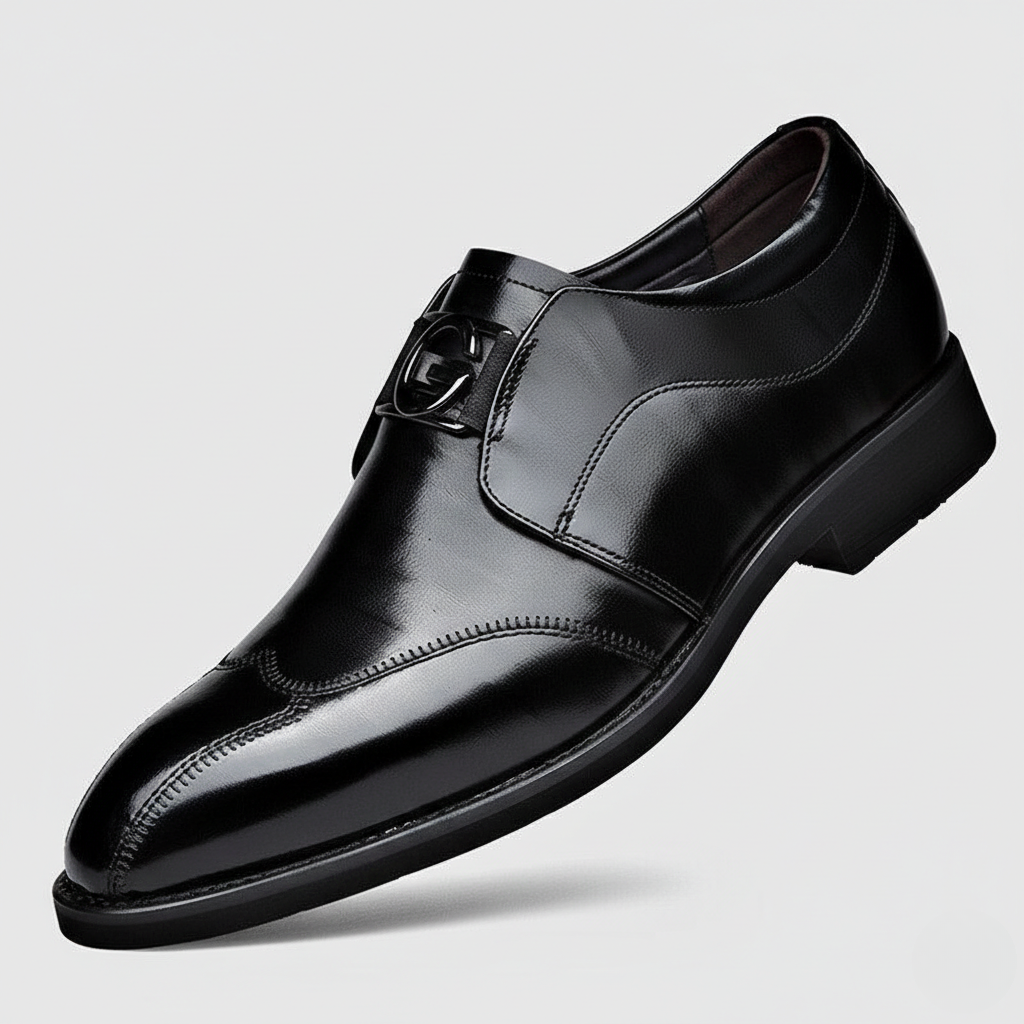 Men's Loafers - Slip On Leather Metal Buckle Cap Toe