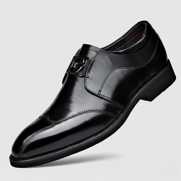 Men's Loafers - Slip On Leather Metal Buckle Cap Toe