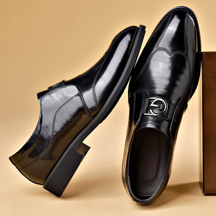Men's Loafers - Slip On Leather Metal Buckle Cap Toe