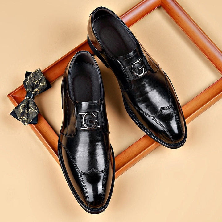 Men's Loafers - Slip On Leather Metal Buckle Cap Toe