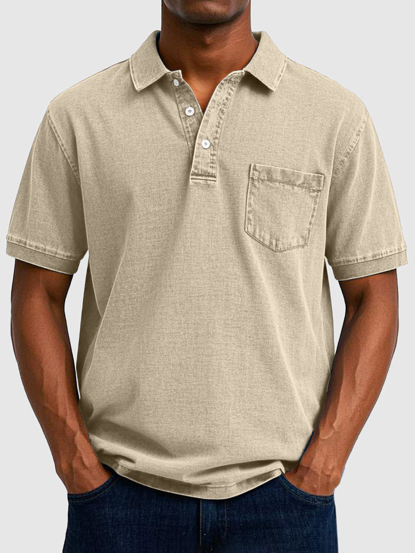 Men's Polo Shirt - Short Sleeve Chest Pocket Washed Finish
