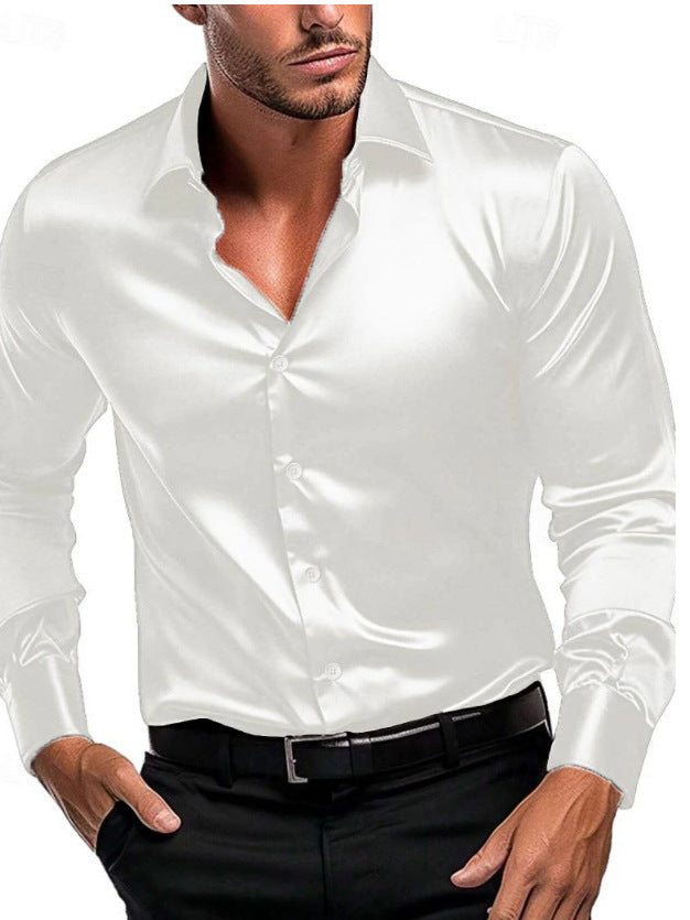 Men's Satin Dress Shirt - Long Sleeve Button Front Spread Collar
