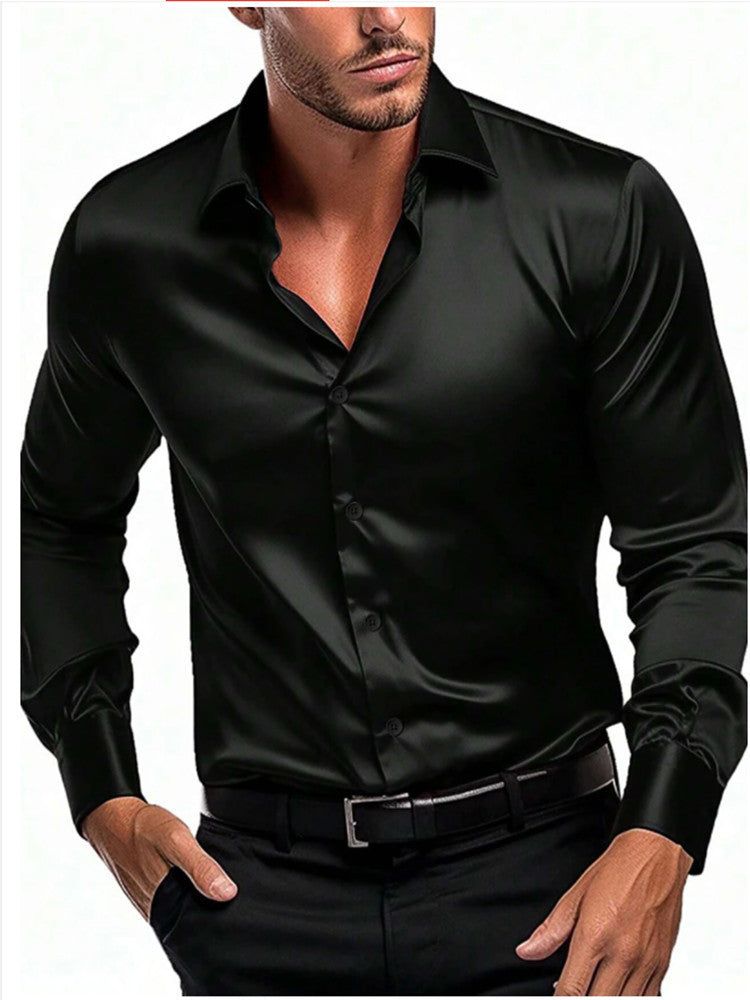Men's Satin Dress Shirt - Long Sleeve Button Front Spread Collar