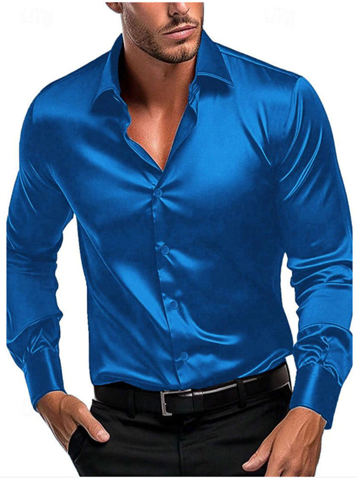 Men's Satin Dress Shirt - Long Sleeve Button Front Spread Collar
