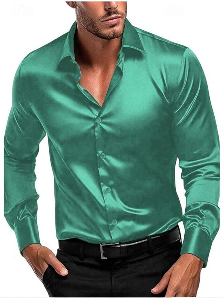 Men's Satin Dress Shirt - Long Sleeve Button Front Spread Collar