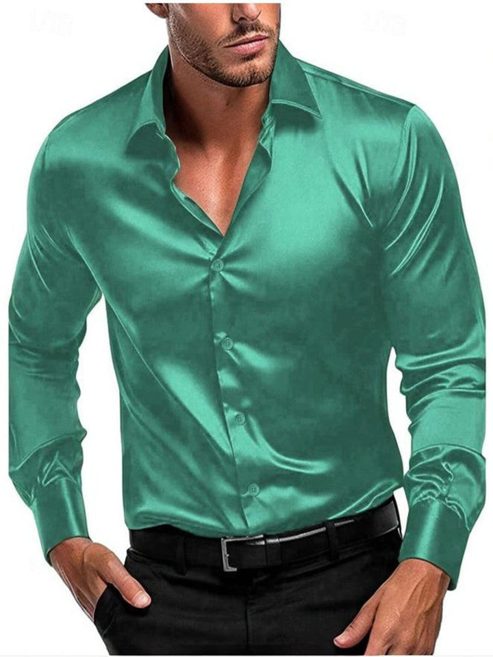 Men's Satin Dress Shirt - Long Sleeve Button Front Spread Collar
