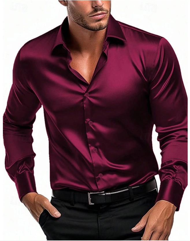Men's Satin Dress Shirt - Long Sleeve Button Front Spread Collar
