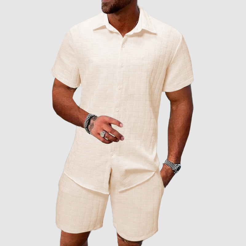 Men's Shirt and Shorts Set - Short Sleeve Textured Woven