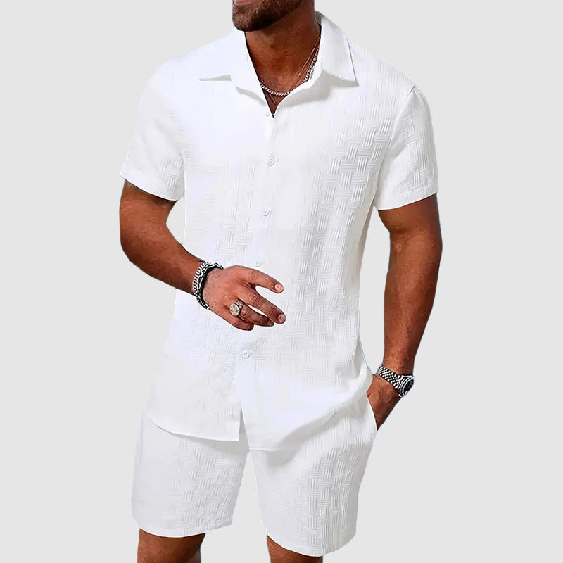 Men's Shirt and Shorts Set - Short Sleeve Textured Woven