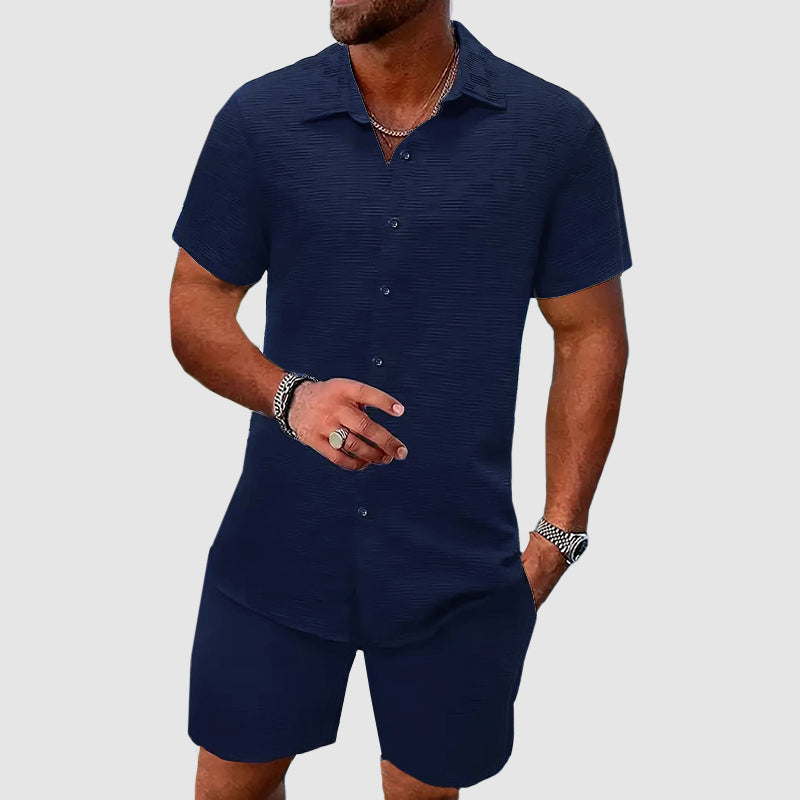 Men's Shirt and Shorts Set - Short Sleeve Textured Woven