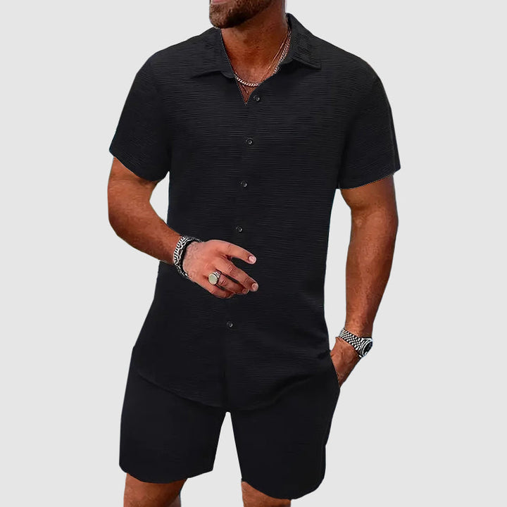 Men's Shirt and Shorts Set - Short Sleeve Textured Woven