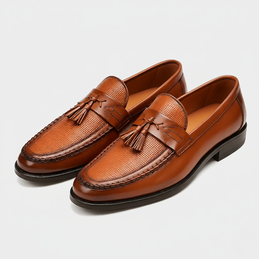 Men's Tassel Loafers - Slip On Leather Woven Panel