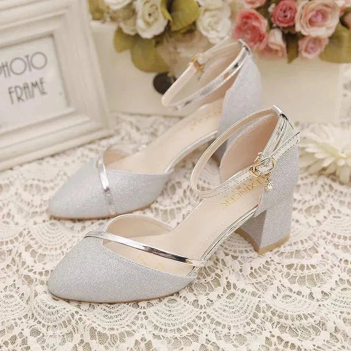 Women's Ankle Strap Heels - Block Heel Closed Toe Glitter Finish