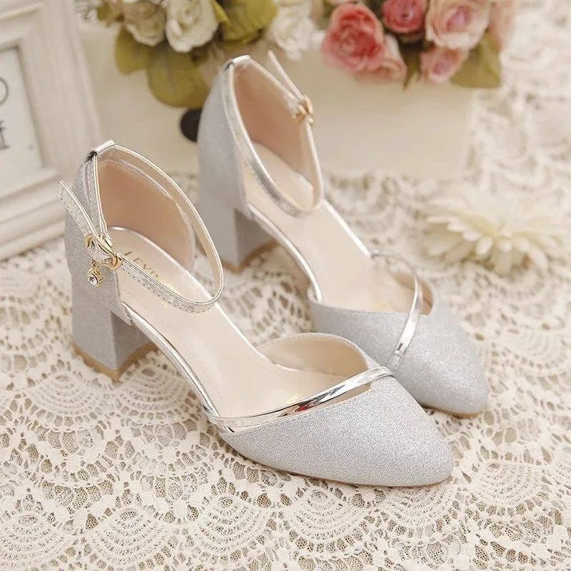 Women's Ankle Strap Heels - Block Heel Closed Toe Glitter Finish