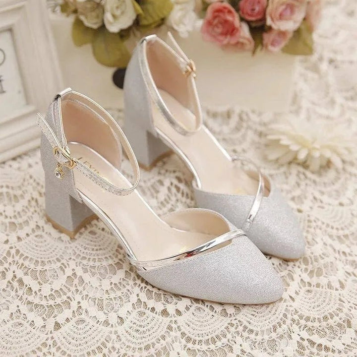 Women's Ankle Strap Heels - Block Heel Closed Toe Glitter Finish