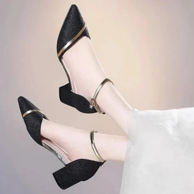Women's Ankle Strap Heels - Block Heel Closed Toe Glitter Finish