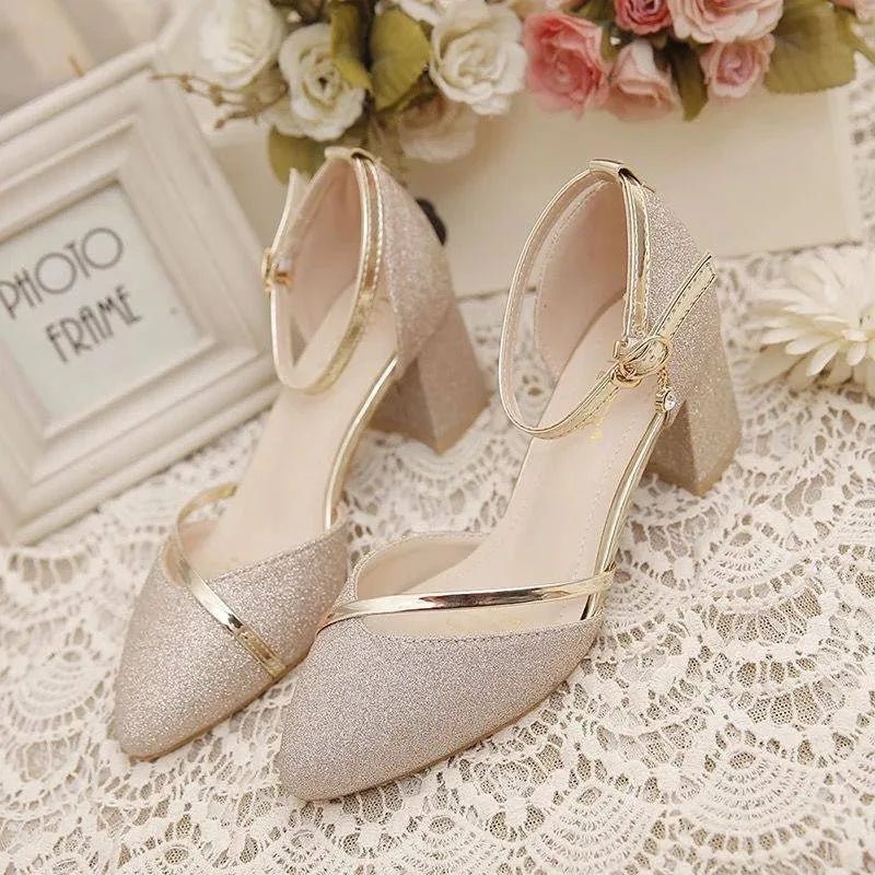Women's Ankle Strap Heels - Block Heel Closed Toe Glitter Finish