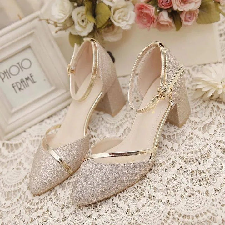 Women's Ankle Strap Heels - Block Heel Closed Toe Glitter Finish