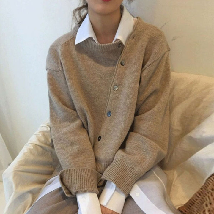 Women's Asymmetric Button Cardigan - Long Sleeve Knit Sweater