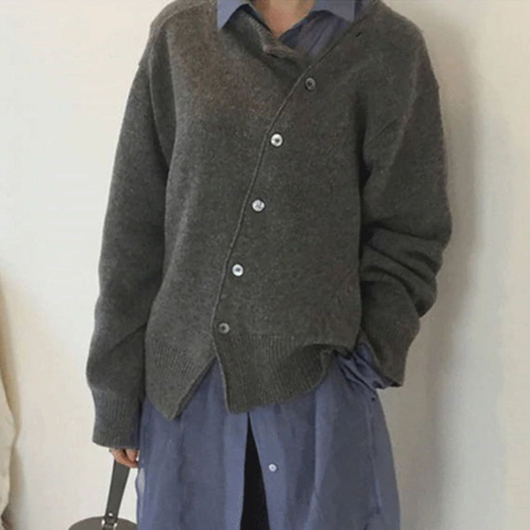 Women's Asymmetric Button Cardigan - Long Sleeve Knit Sweater